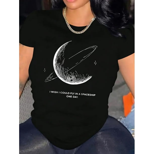 Camiseta De Mujer Ligera Y Suave VeranoCreative Planet Graphic Print T-shirt, Casual Round Neck Short Sleeve Top, Women's ClothingFather's Day, Mother's Day, New Year, Spring Festival, Valentine's D