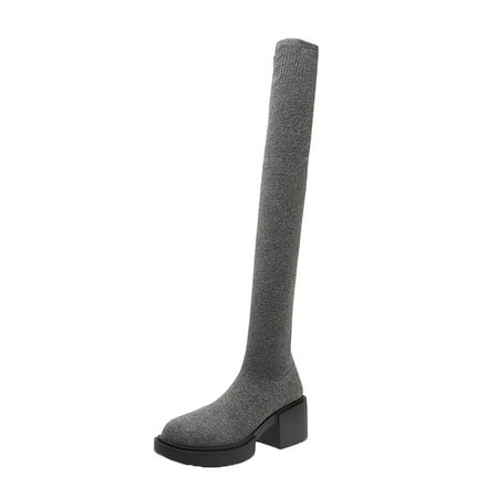 

Qufokar Womens Mid Calf Socks With Ruffles Knee High Fall Boots for Women Women Knit Detail Heeled Sock Boots Long Boots Ladies Knee Length Boots