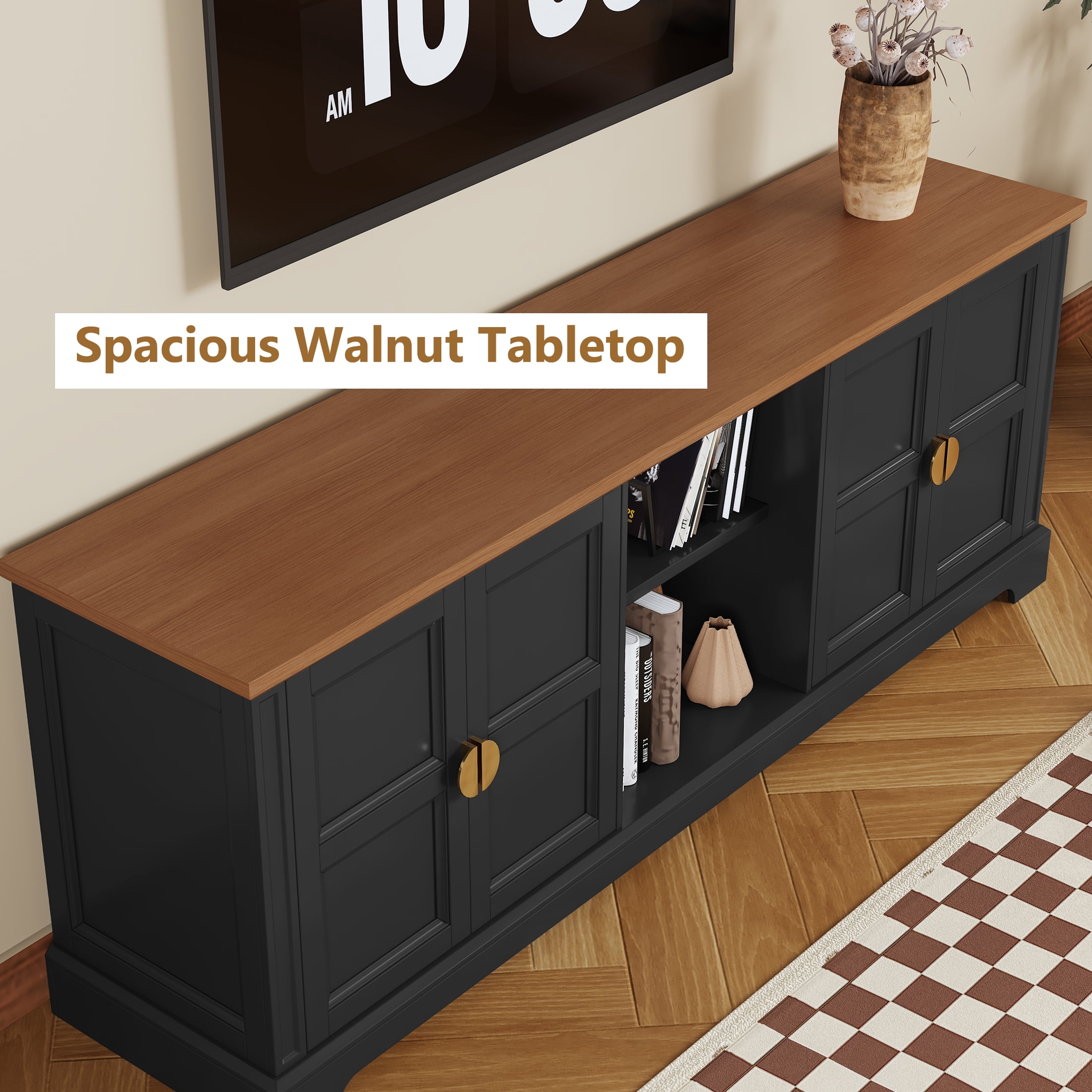 67" TV Stand for 75" TV with Storage and Shelves, Mid-Century Style, Black