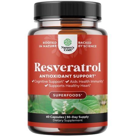 Natures Craft Resveratrol Antioxidant Support Supplement for Brain Health and Cellular Support, 60 Ct