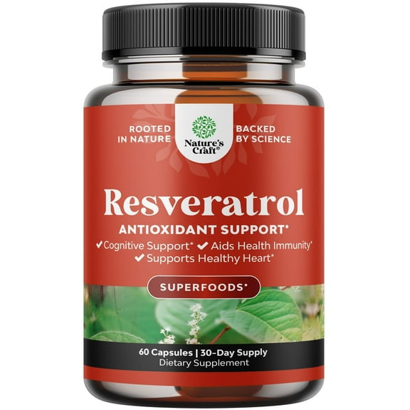 Natures Craft Resveratrol Antioxidant Support Supplement for Brain Health and Cellular Support, 60 Ct