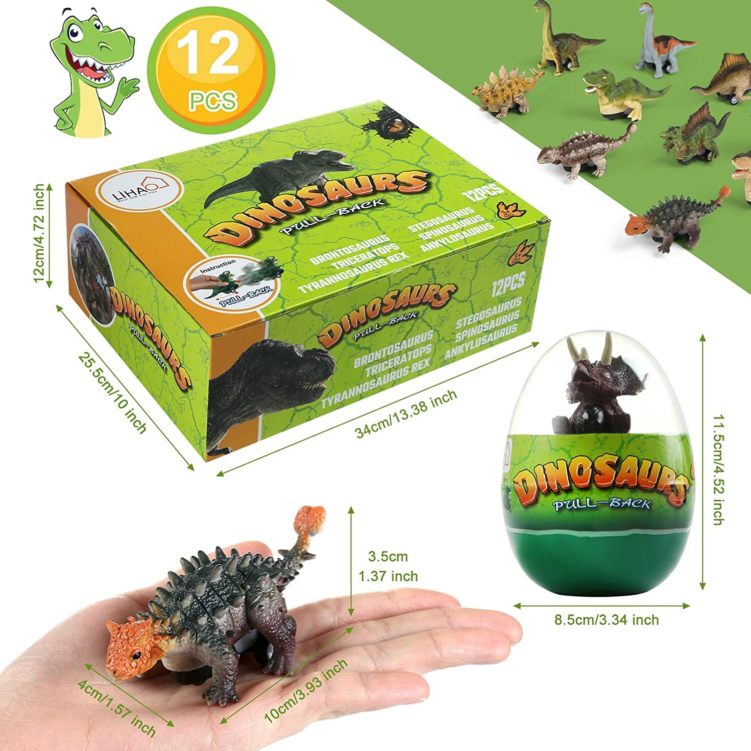 Naler Pack of 12 Dinosaur Pull Back Cars with Jumbo Eggs,Dino Surprise Easter Eggs for Kids Easter Basket Stuffers Birthday Party Favors