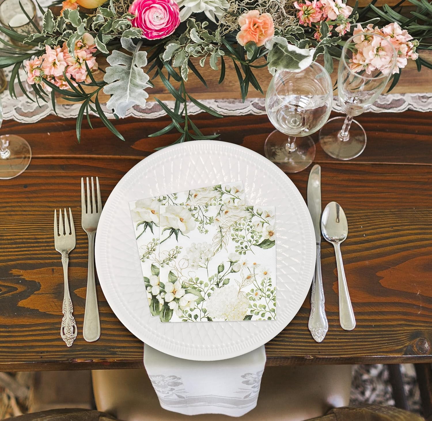 Gift Boutique 100 White Floral Cocktail Beverage Napkins Disposable Paper Spring Blossom Flowers Greenery Dessert Napkin for Wedding Holiday Bridal & Baby Shower Tableware Party Supplies