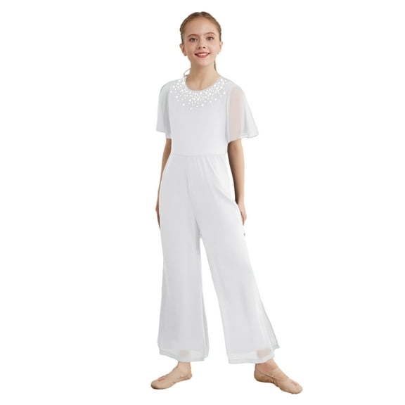 TTAO Jumpsuit for Girls Beaded Crew Neck One Piece Rompers Summer Casual Overalls Wide Leg Pants White 14