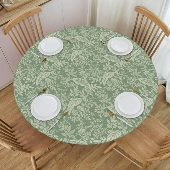 Ferns Sage Green Round Fitted Table Cloth Cover, Round Fitted Tablecloth with Elastic, Table Cloth RoundCover, Elastic Tablecloth for RoundTables, Fits 36" - 44" Tables, Small