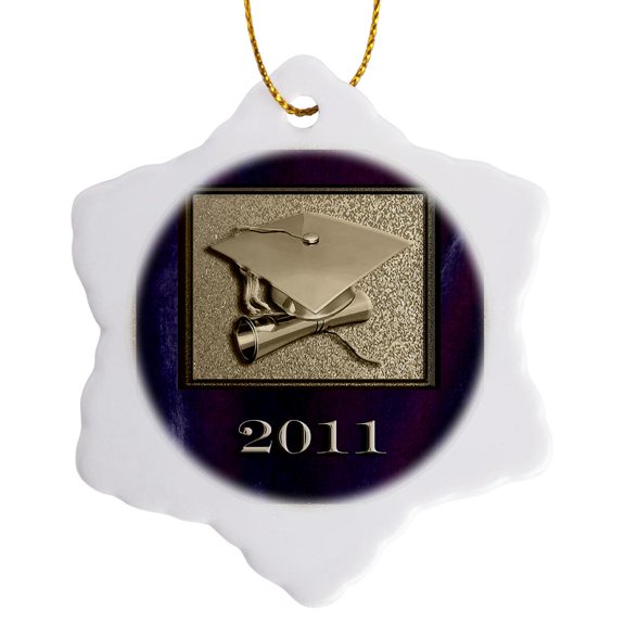 3drose, Graduation 2011, Cap and Diploma, Gold on Purple, 3 inch Snowflake Porcelain Ornament