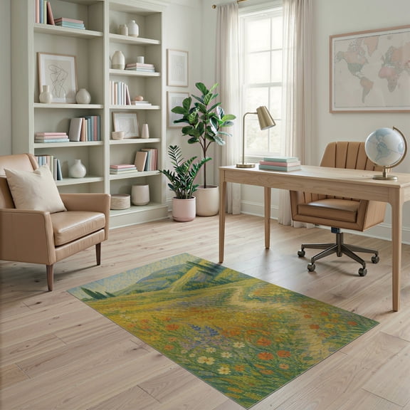 ODIKA 4'x6' Yellow Green Vibrant Meadow Pathway Washable Area Rug Impressionist Landscape with Wildflowers for Dorm Room, Small Living Stain Resistant Low Profile, Easy Care