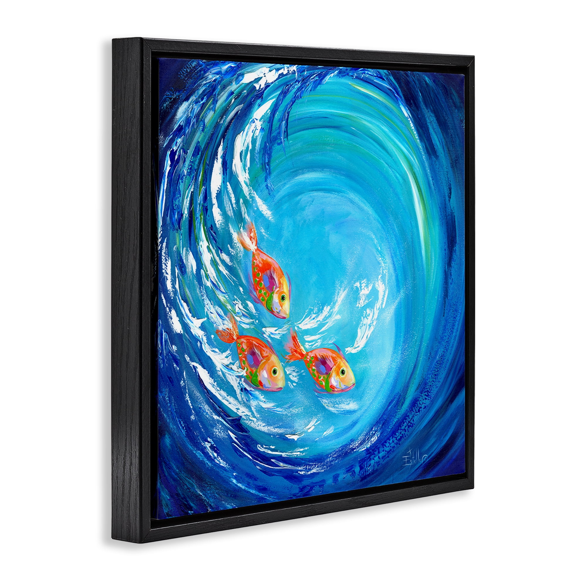 Stupell Industries Into The Blue Fish Landscape Painting Black Floater Framed Art Print Wall Art, 25 x 25