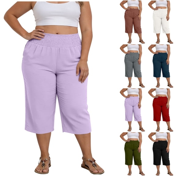 Capris for Women Casual New Plus Size Capris for Women's Pull on Wide Leg Capris with Pockets Loose Soft Summer Casual Daily Cropped Pants Purples L