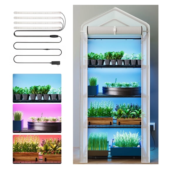 TOMNK 4 Tier LED Grow Light Greenhouse with Adjustable Height, 3 Color Spectrum, 27.2"W x 12.4"D x 62"H for Indoor Outdoor Plants