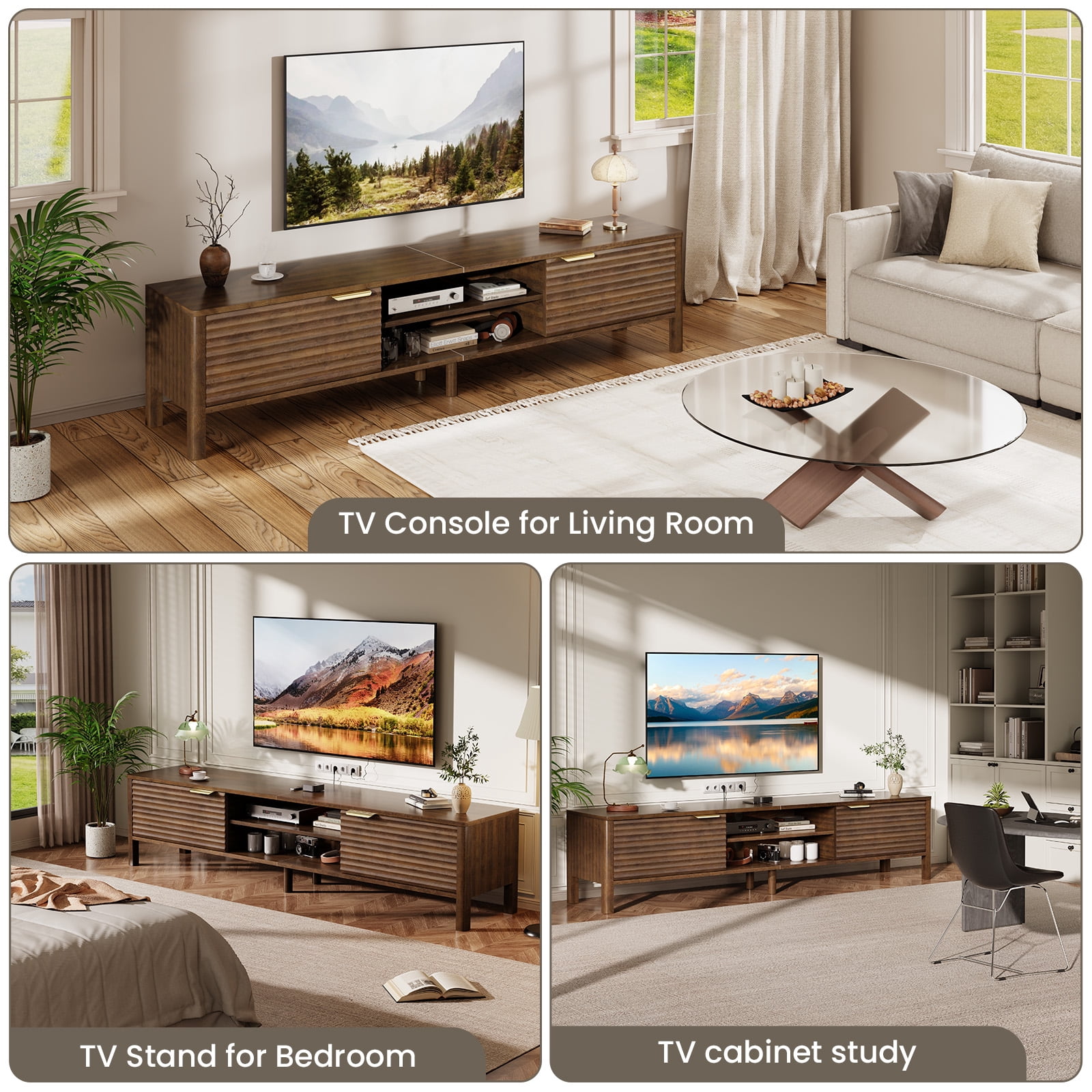 Domusio Fluted TV Stand for TVs up to 65" Mid-Century Media Console with Open Storage Entertainment Center for Living Room, Walnut