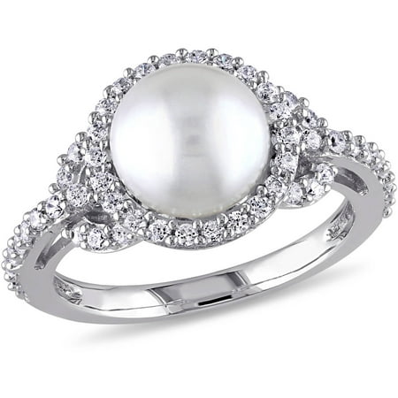 Miabella 8.5-9mm White Cultured Freshwater Pearl and 1 Carat T.G.W Cubic Zirconia Halo Sterling Silver Ring