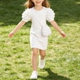 thumbnail image 5 of Fesfesfes Girls Short Puff Sleeve Ribbed Knit Dress with Matching Mini Crossbody Bag Round Neck A-Line Casual Summer Spring Outfit Ages 3-9 Years, 5 of 6