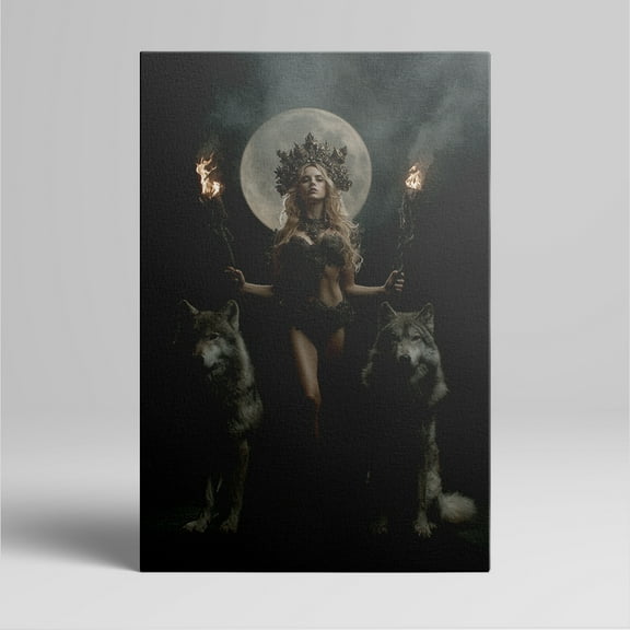 1pc Mythical Goddess with Torches and Wolves under Full - Moon Framed Decor room hanging Wall Picture Decor for Home Gifts, living room, bathroom, bedroom, kitchen wall art decor canvas wall art