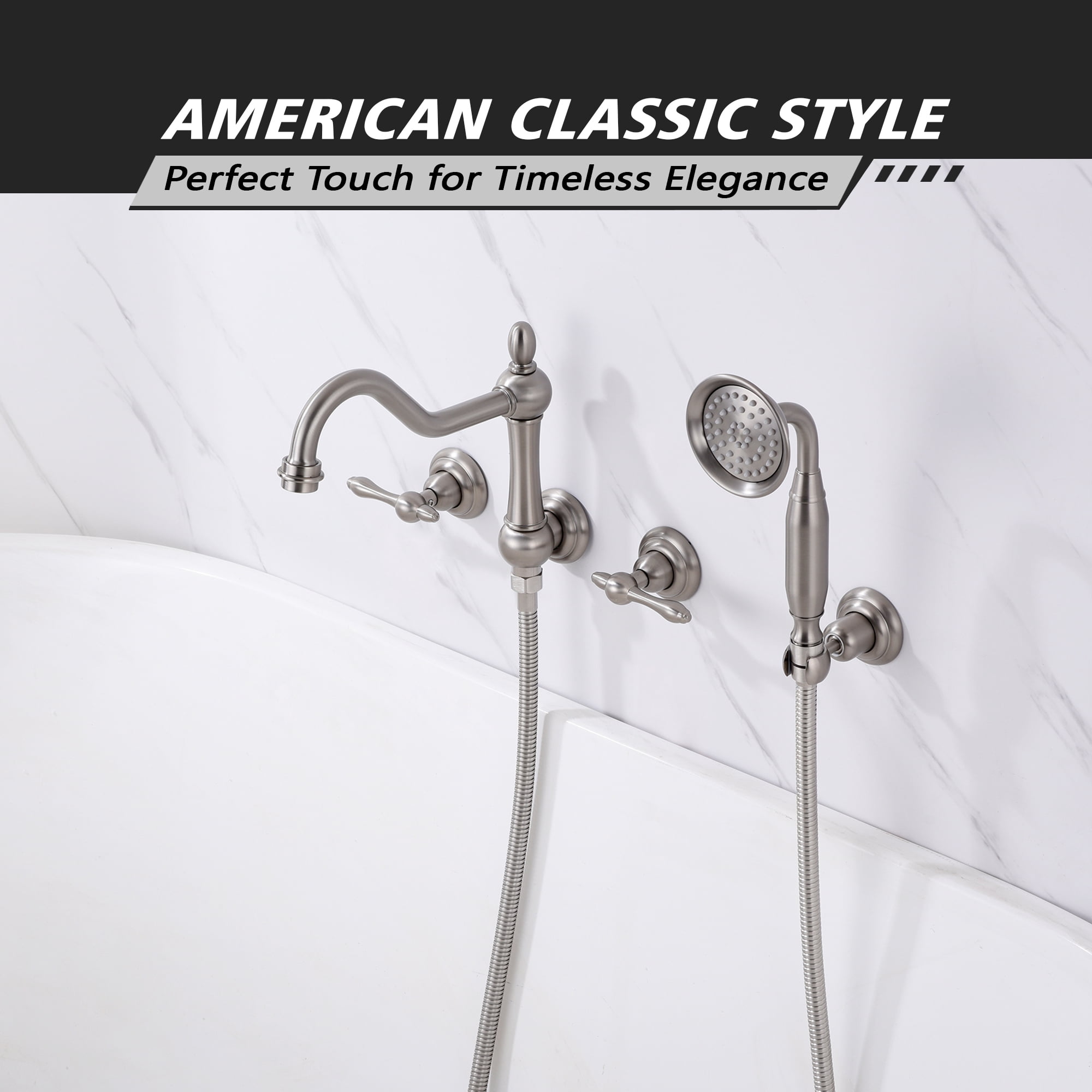 SUMERAIN Wall Mount Bathtub Faucet with Handheld Sprayer, High Flow Traditional Tub Filler Brushed Nickel, Rough-in Valve Included