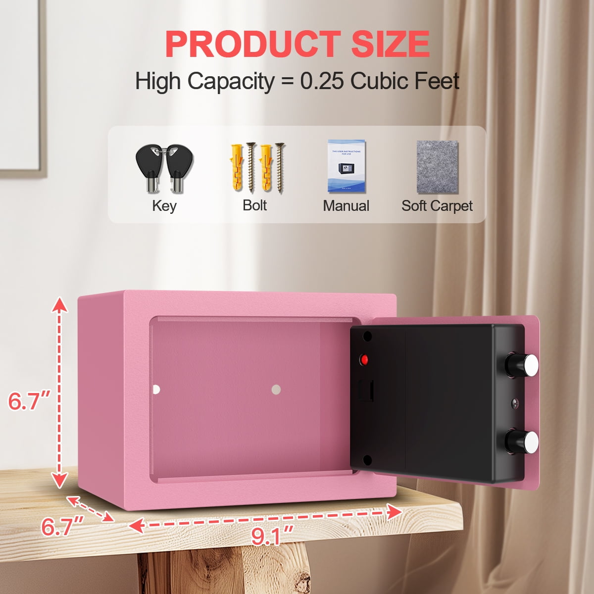 TNTANTS Electronic Digital Safe Box, 0.25 Cubic Feet Home Security Box for Office Hotel Business, Lock Box with Key Keypad for Cash Jewelry Pink