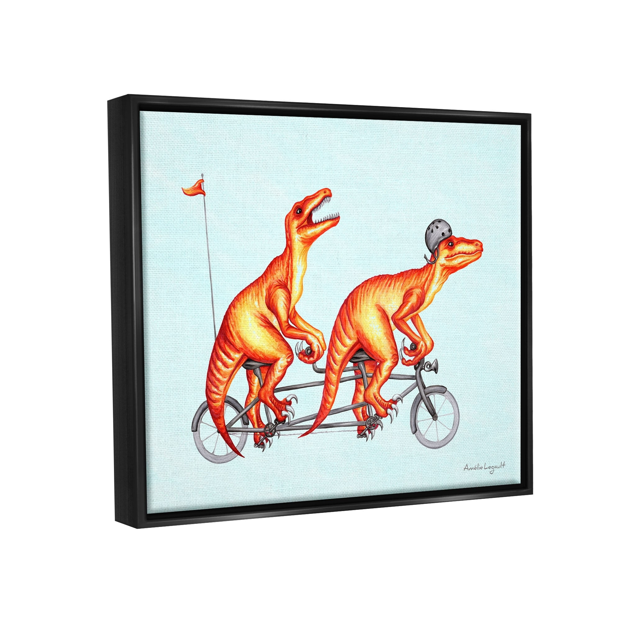 Stupell Industries Whimsical Red T-Rex Dinosaurs Riding Tandem Bicycle Graphic Art Metallic Gold Floating Framed Canvas Print Wall Art, Design by Amelie Legault