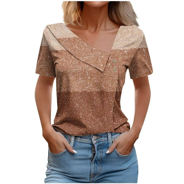 Tops de Algodón para Mujeres Cuello en V Casual de Manga Corta, Imitación Algodón Primavera Y Blusa de Verano