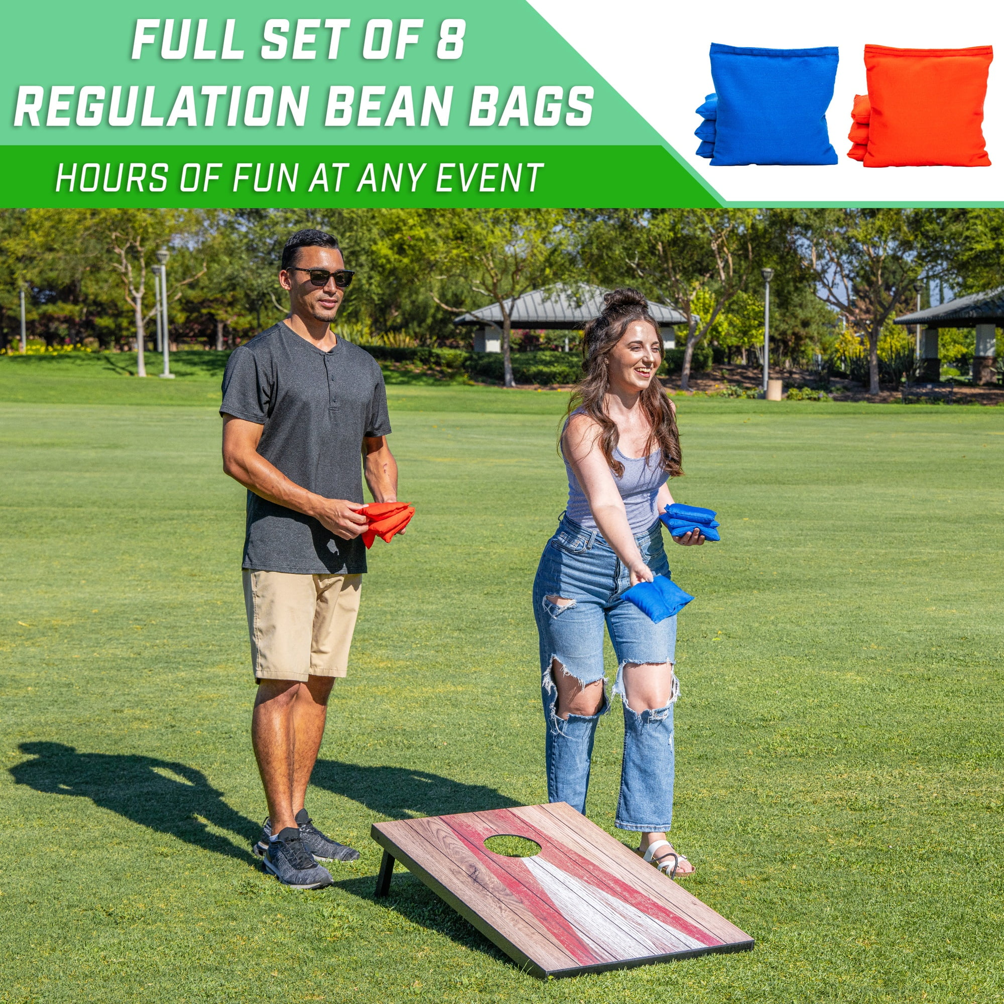 GoSports 3 x 2 ft Cornhole Board Set - Portable Outdoor Toss Game for Adults & Family - Includes Set of 8 Bean Bags with Built-in Storage - Rustic