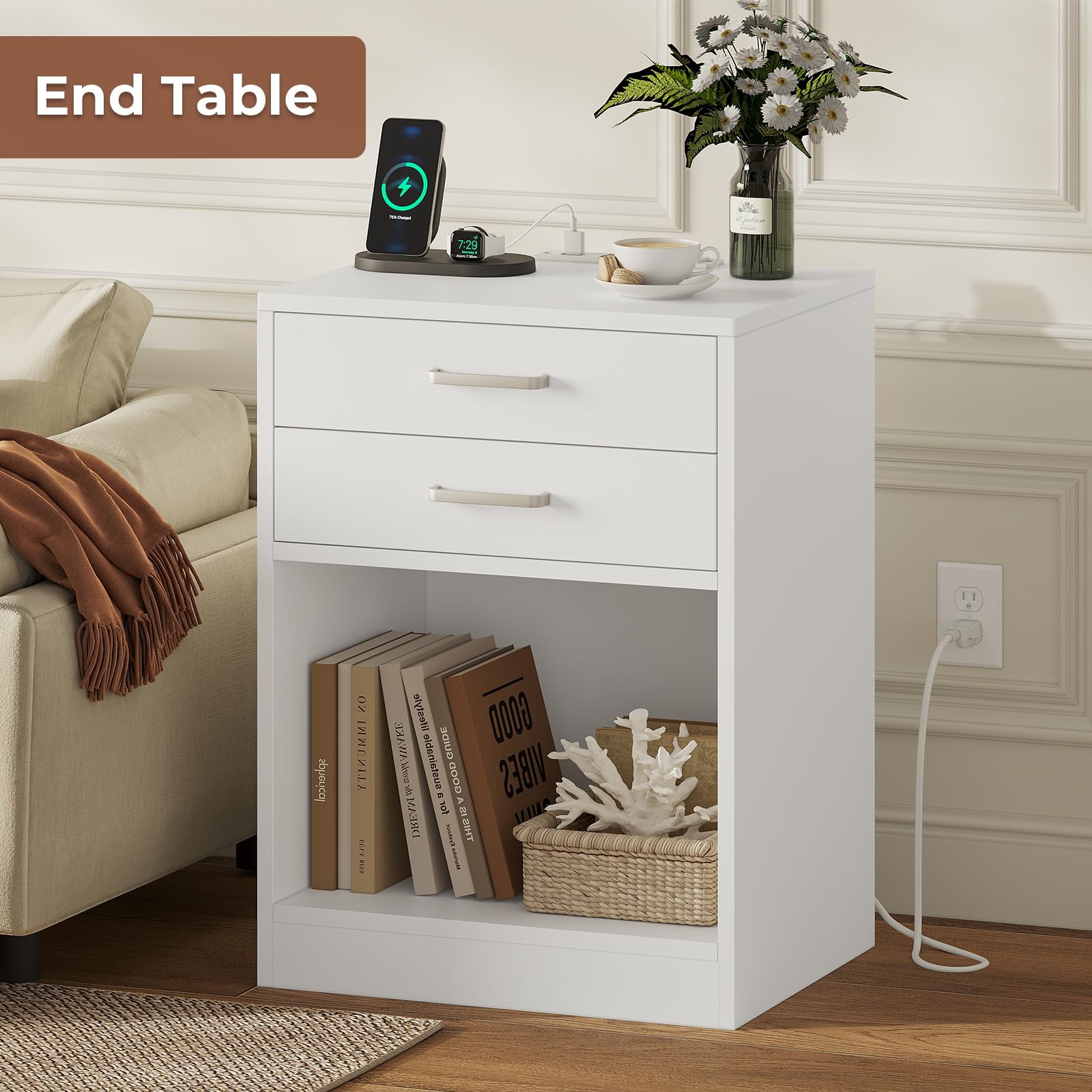 Afuhokles Nightstand Set of 2,White Bedside Table with Charging Station 2 Drawers