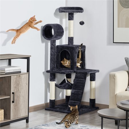Easyfashion 51  Multilevel Cat Towers and Trees with Hammock Tunnel Scratching Post  Black