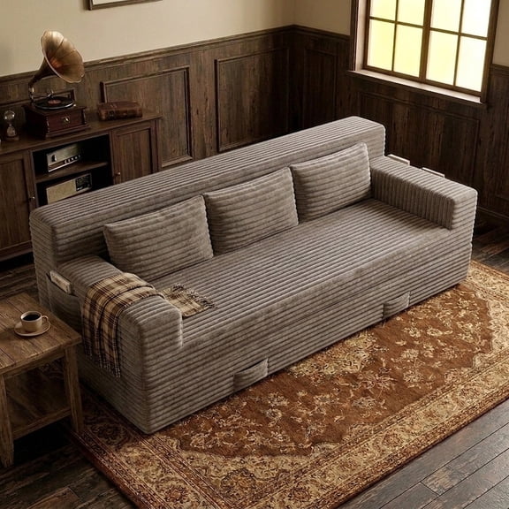 LUCKHAO 71" Foldable Sofa Bed, Corduroy Convertible Futon Couch, No Assembly, Camel