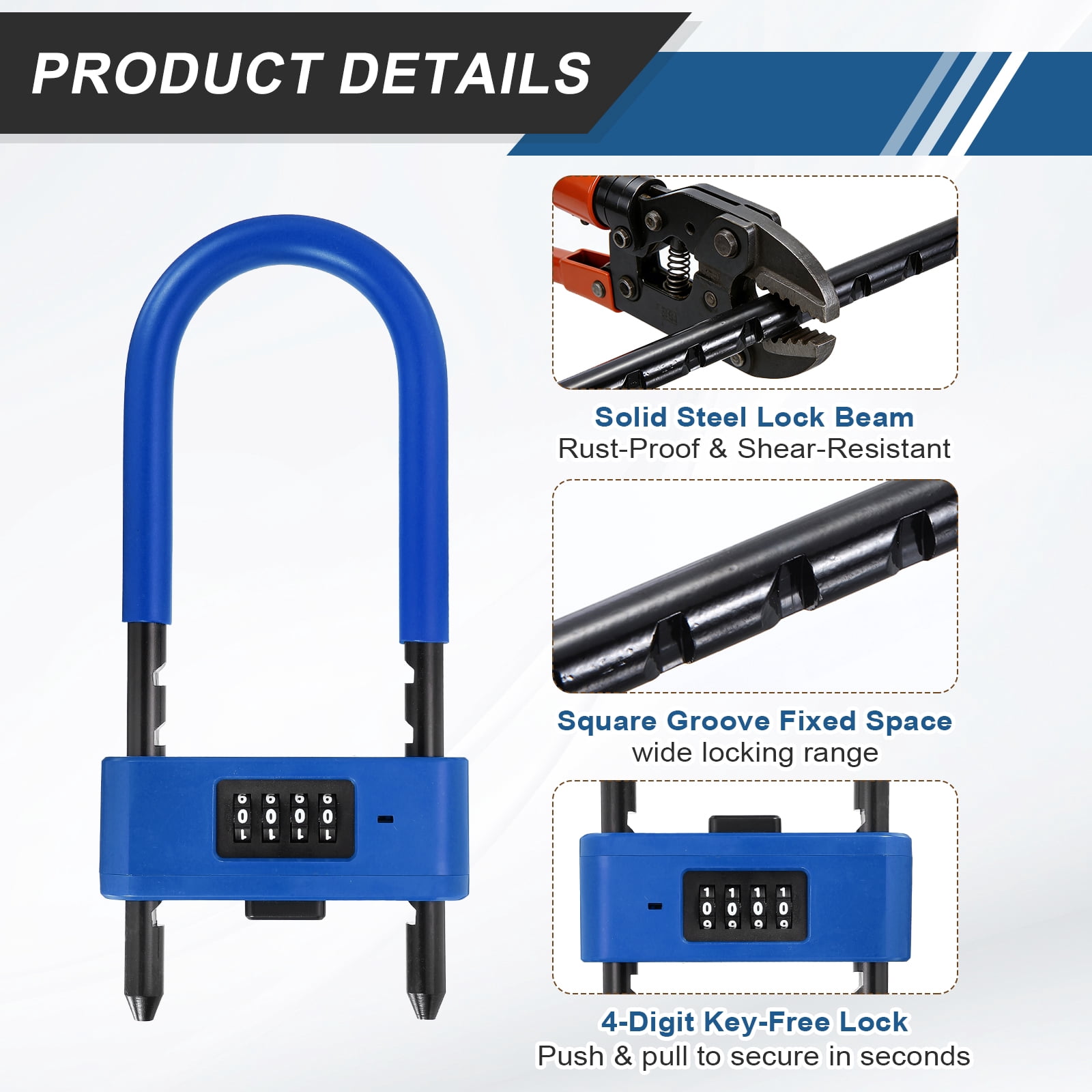 Uxcell 4 Digit Combination Padlock, Long Shackle Padlock - [4.92" - 6.89", Blue], U-Shape Adjustable Shackle Lock for Bicycles Electric Bikes Mountain Bikes Glass Doors Gates