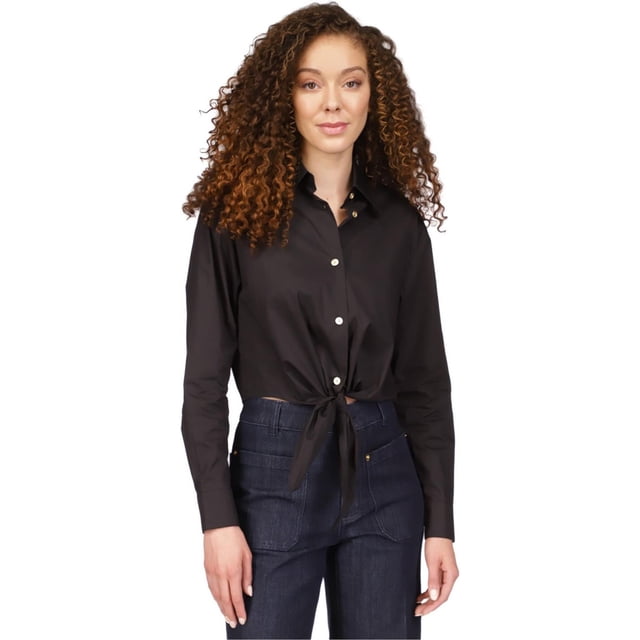 Michael Kors Womens Poplin Tie Front Button Up Shirt, black, Petite, PM