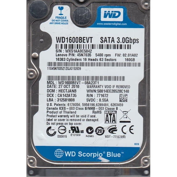 WD1600BEVT-08A23T1, DCM HECTJANB, Western Digital 160GB SATA 2.5 Hard Drive