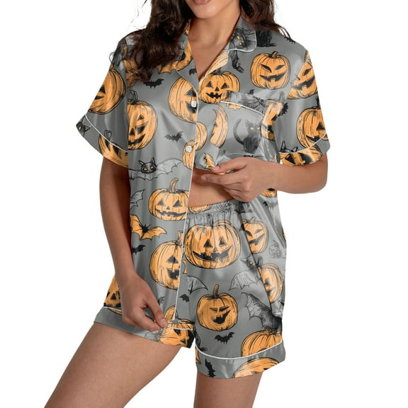 oqasdz Womens Halloween Pajamas Ghost Pumpkin Printed Silk Short Sleeve Button Down 2 Piece Loungewear Set Sleepwear, L