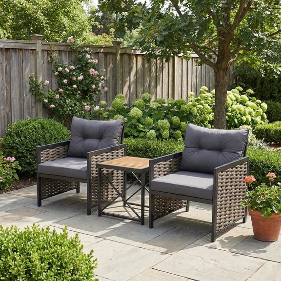 Barara King Outdoor Collection Set, Patio Conversation Table Chair Set, 3 Piece Patio Rattan Furniture Set with Acacia Wood Tabletop