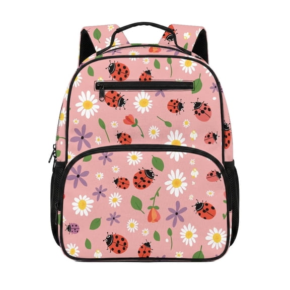 HUIACONG 13.5 Inch Pink Ladybug Floral Kids Backpack, Lightweight Water Resistant School Bag with Multi Pockets, Ergonomic Breathable Adjustable Padded Straps Bookbag for Daily Travel
