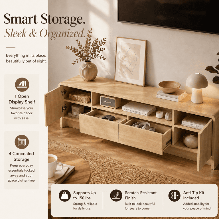 Lacoo 70 Inch TV Stand for 55-75 Inch TVs, Entertainment Center with 2 Drawers and Storage Cabinets, Media Console for Living Room , Natural