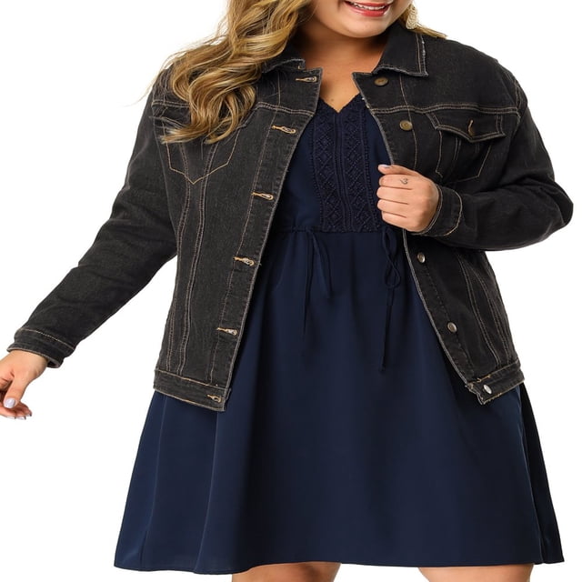 Unique Bargains Women‘s Plus Size Long Sleeve Button Front Washed Denim Jacket