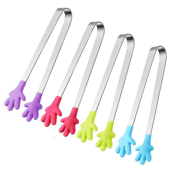 4 PCS Silicone Mini Tongs, Hand Shape Food Tongs, Colourful Small Kids Tongs for Serving Food, Ice Cube, fruits, Sugar, Barbecue