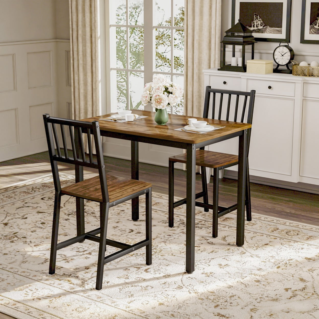 3 Piece Dining Table Set with 2 Chairs, Industrial Counter Height Kitchen Table Set, Breakfast Table for Small Space Dining Room Living Room, Walnut