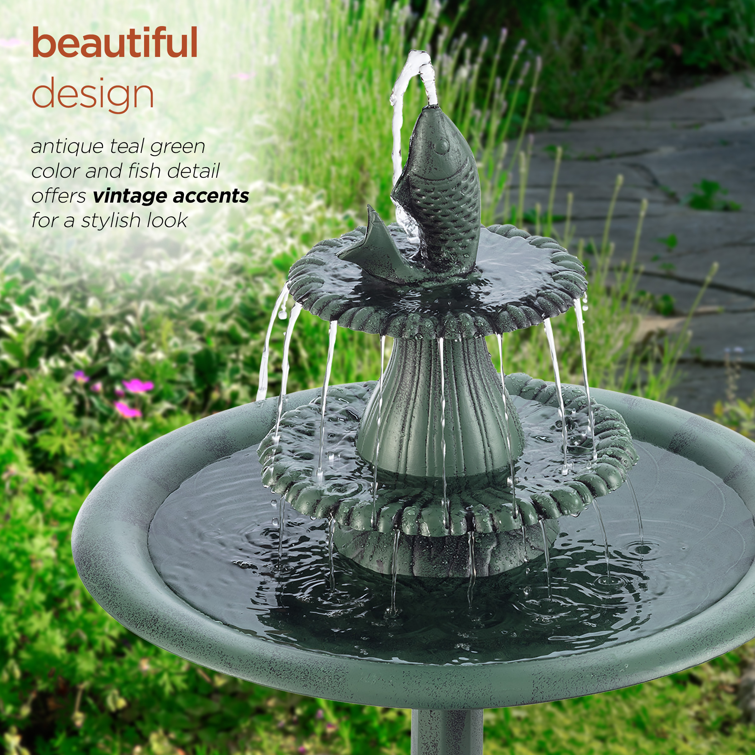Alpine Corporation Plastic 3-Tier Pedestal Fountain Bird Bath, Green - image 5 of 12