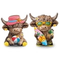 thumbnail image 2 of ZYXWVU 2 Piece Summer Bull Figurines Wooden Beach Style Farm Animal Statues Gift for Calf Lovers Home Shelf Mantel Decor Rustic Coastal Tabletop Ornament, 2 of 5