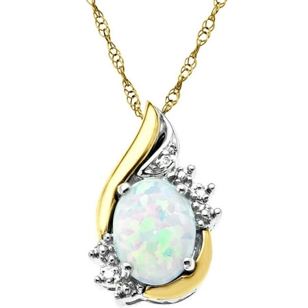 - Sterling Silver with 10kt Yellow Gold Oval Created Opal and Diamond Accent Pendant