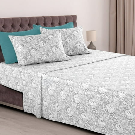 Lux Decor Collection Paisley Printed Queen Bed Sheets Set Microfiber 6 Piece Bedding Set - White Gray