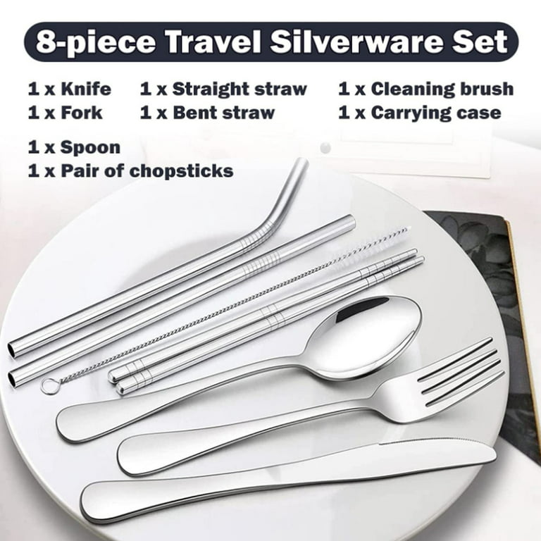 Reusable Travel Utensils,Portable Stainless Steel Flatware Cutlery Set,  Camping Silverware with Case,3 Pieces Tableware, Knife,Spoon,Fork,for Lunch