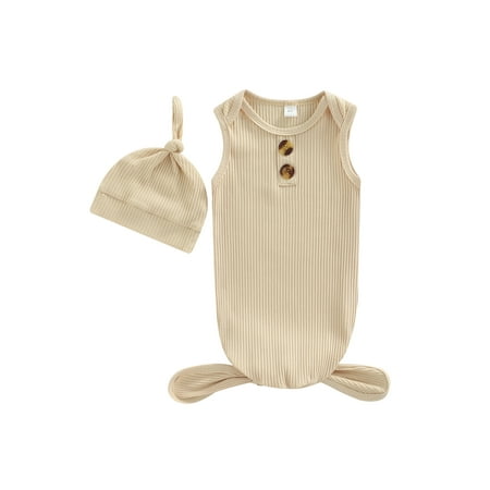 

xkwyshop Newborn Infant Baby Girl Boy Sleeping Bags Solid Color Button Sleeveless Jumpsuit+Hat Sets Apricot 0-3 Months