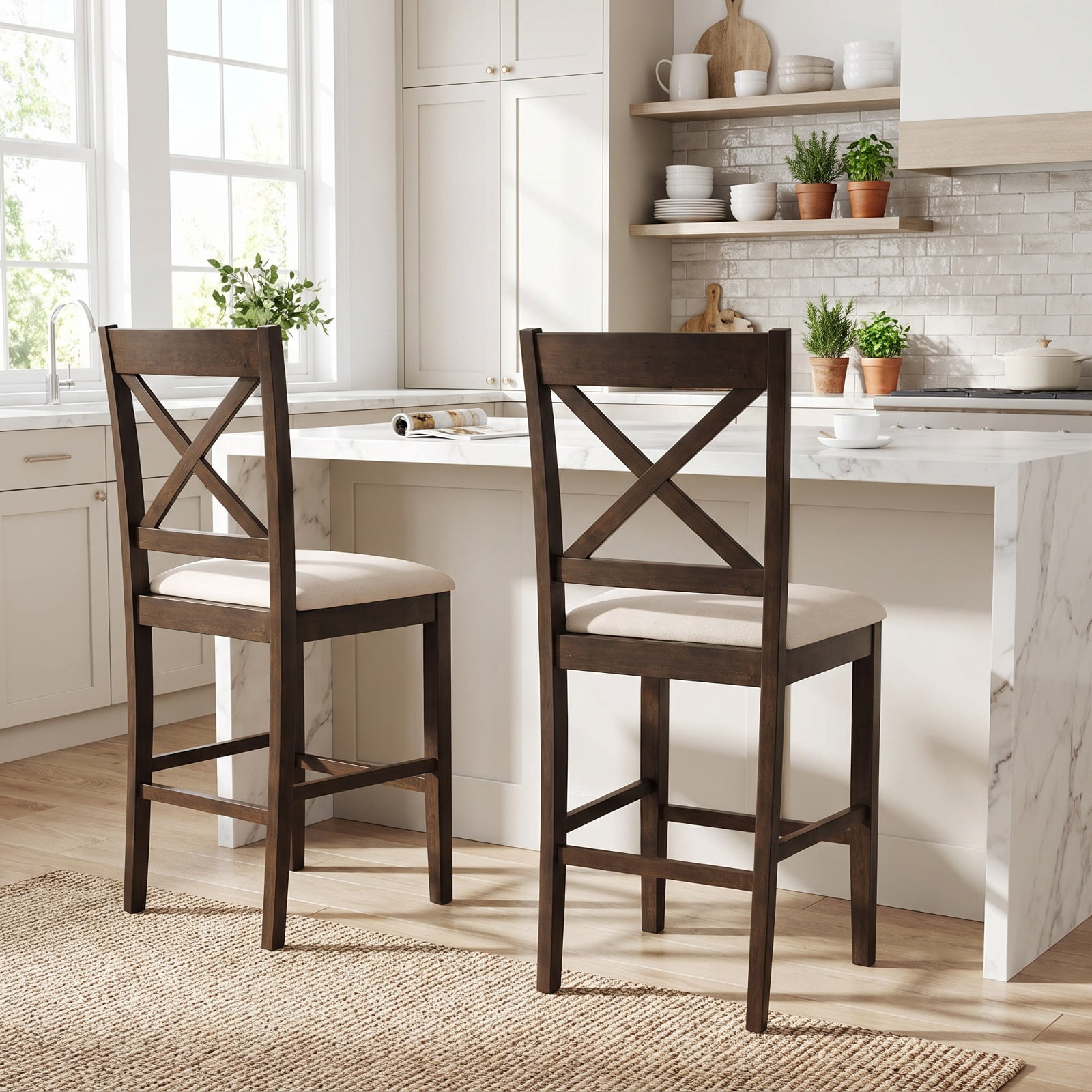Furnibear Set of 2 X-Back Bar Stools with Upholstered Cushioned Seats and Rubber Wood Frame