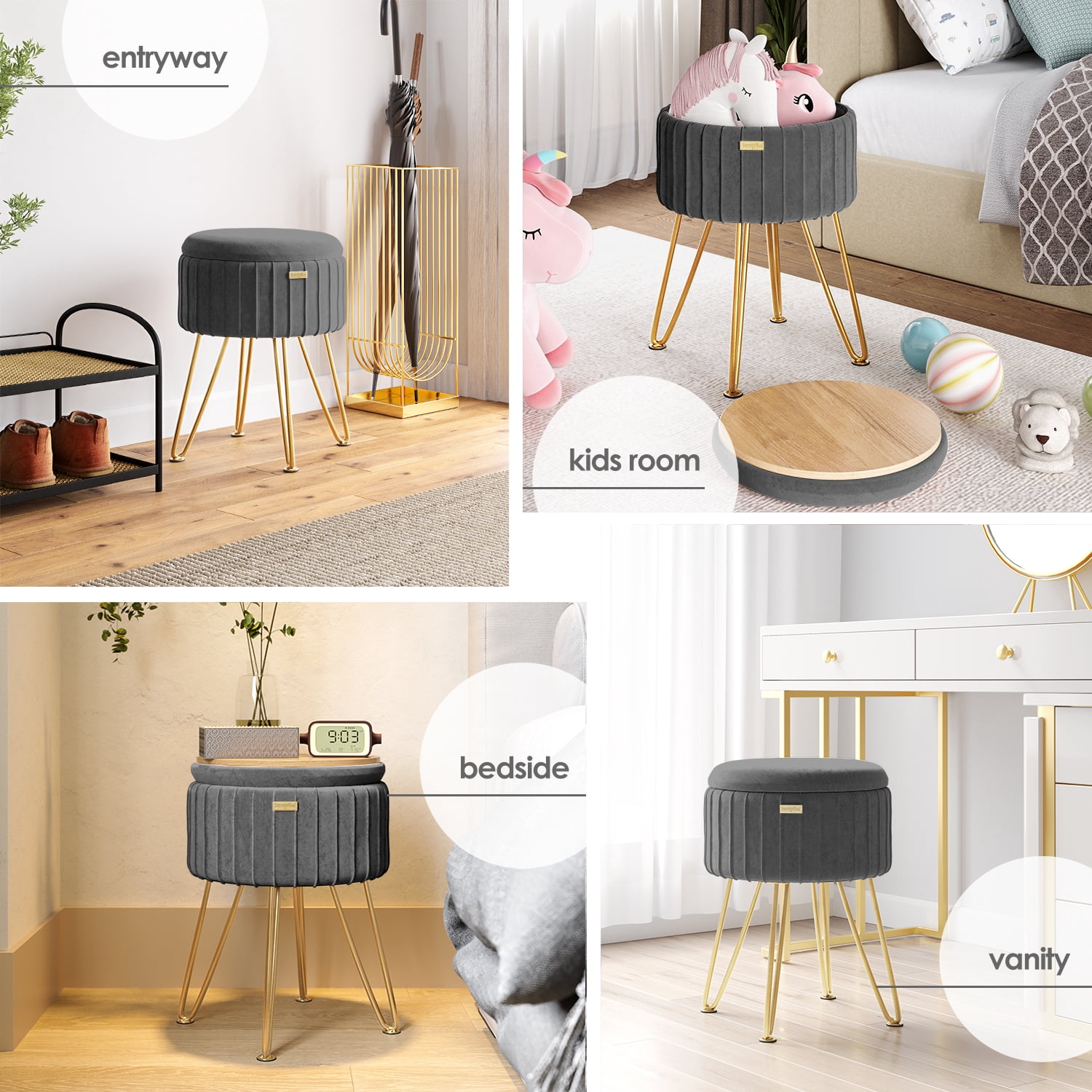 LammaLoe Small Round Ottoman with Storage, Pleated Velvet Ottoman Foot Stool with Lid, Upholstered Vanity Stool for Living Room & Bedroom, Gray