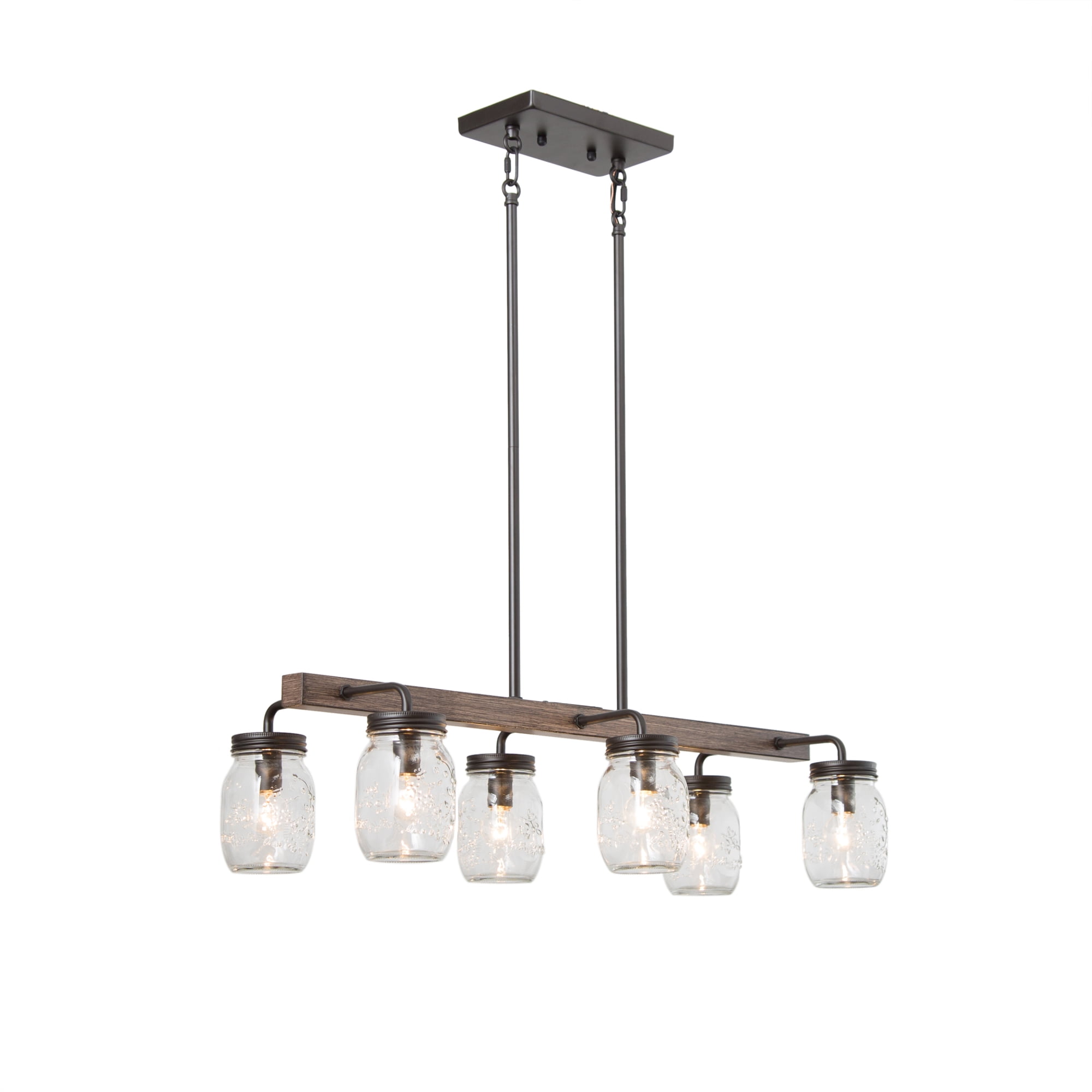 LNC 6-Light Farmhouse Matte Black and Bronze Wood Linear Maison Jar Glass Shape Chandelier for Dining Room