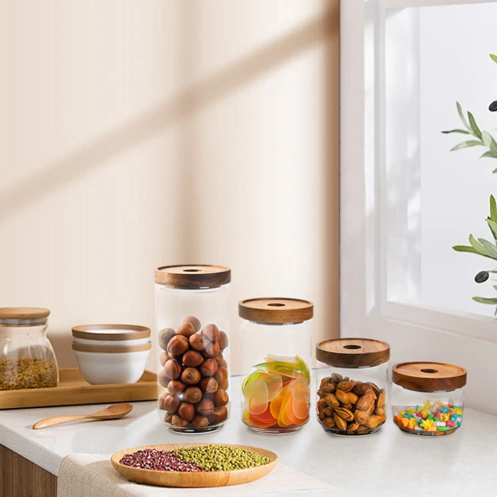 MOQIN Airtight Glass Food Storage Jars, Clear Glass Food Storage Container with Sealing Wooden Lid, Stackable Spice Jar, Round Kitchen Canister for Sugar, Tea, Coffee bean, Pasta, Oat
