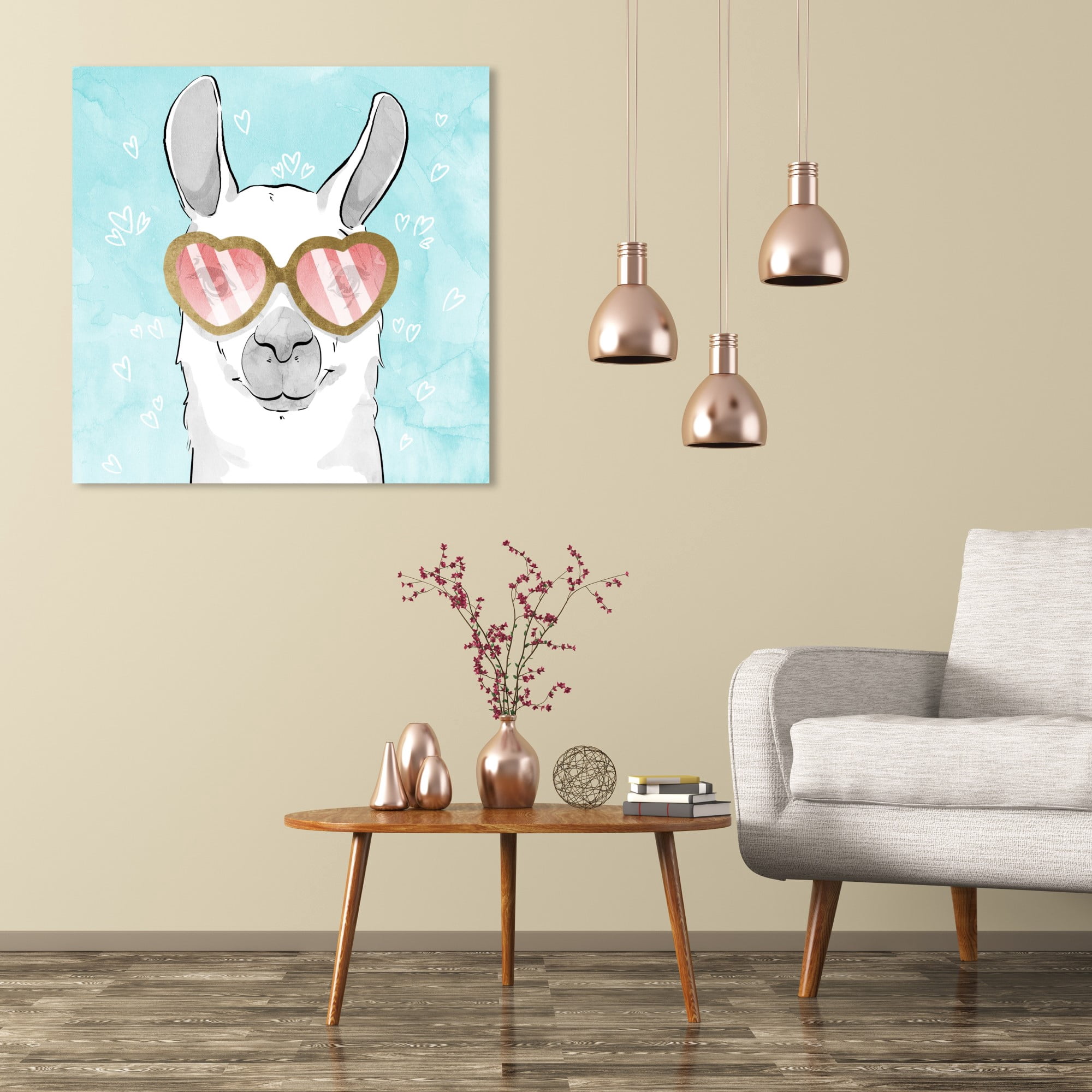 Wynwood Studio 'Lovely Hearts Llama' Animals Wall Art Canvas Print - Blue, Gold, 12" x 12"
