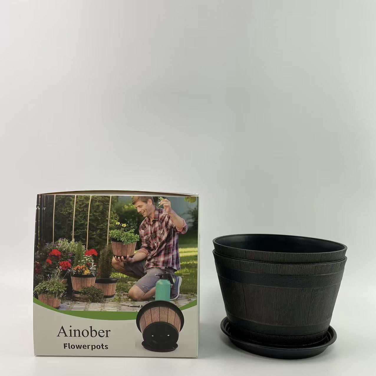 Ainober Flowerpots,10 inch Plant Pots,Plastic Decoration Flower Pots Imitation Wine Barrel Design, for Indoor & Outdoor Garden Home Plants (Brown)
