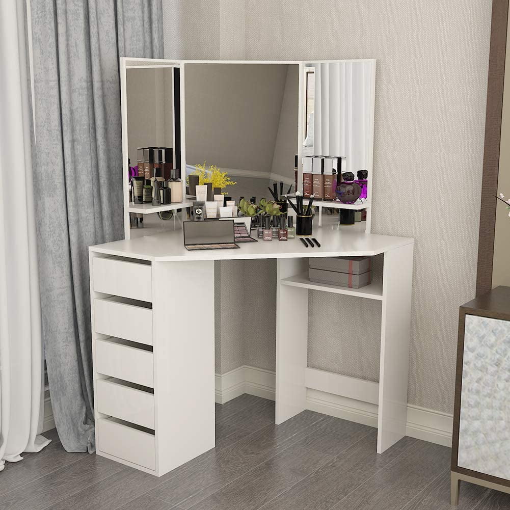 Corner Dressing Table Makeup Desk With, Foldable Mirror Vanity Desk