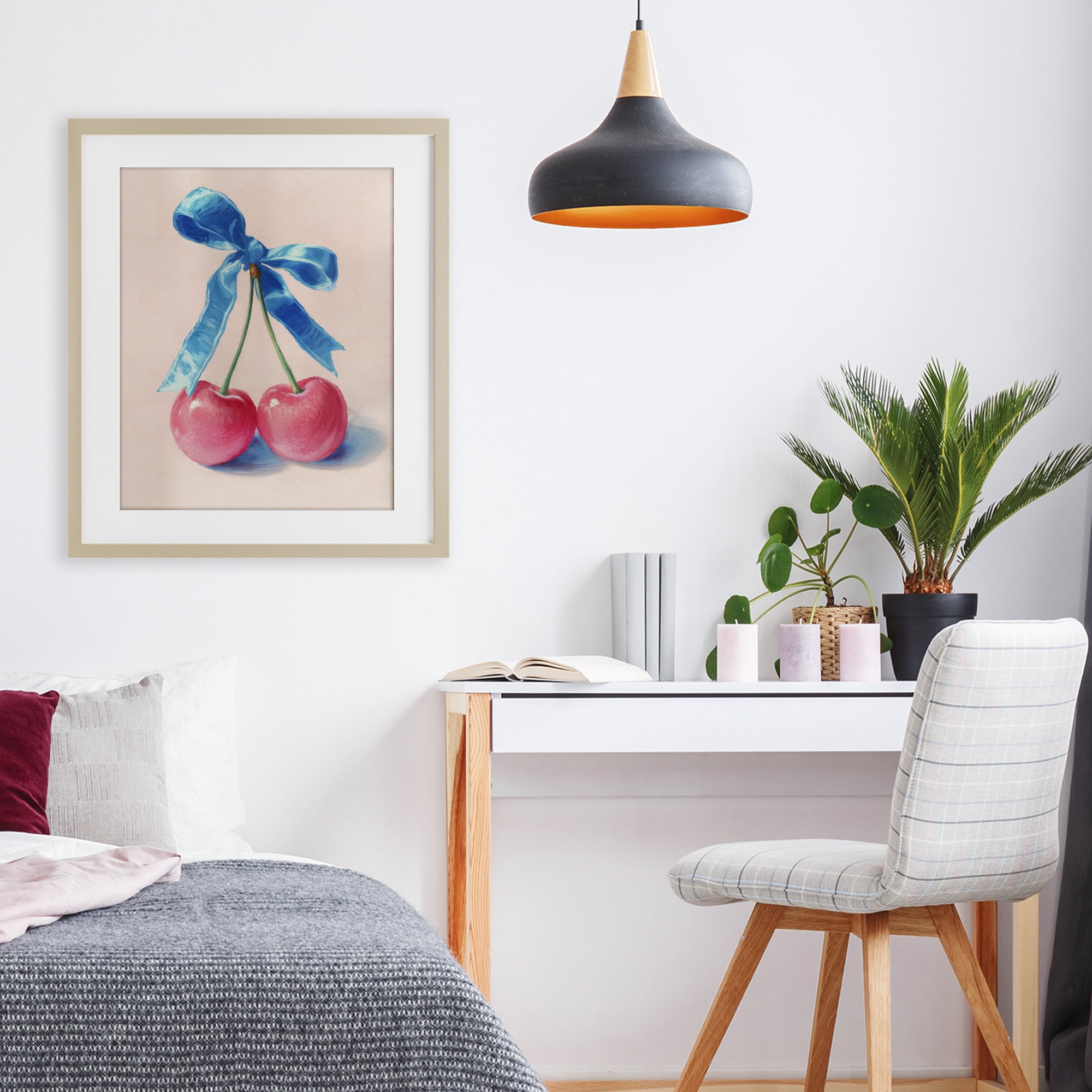 Stupell Industries Twin Cherries with Blue Ribbon Birch Framed Print Under Glass, design by Imagine It Images